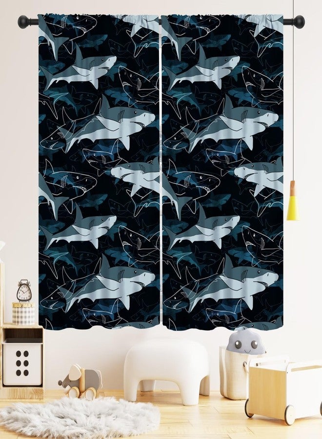 LOMADIA Shark Kids Curtain, Ocean Animal Blackout Curtains, Sea Fish Pattern Window Treatments Drapes for Nursery Kid Boys Room Children Bedroom Decor 21" W x 45" L (Pack of 2) - Image 1